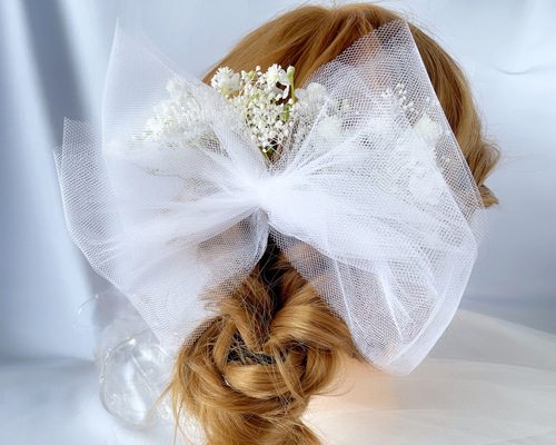 かすみ草 チュール ヘッドドレス 結婚式ヘアアクセサリー ブライダル