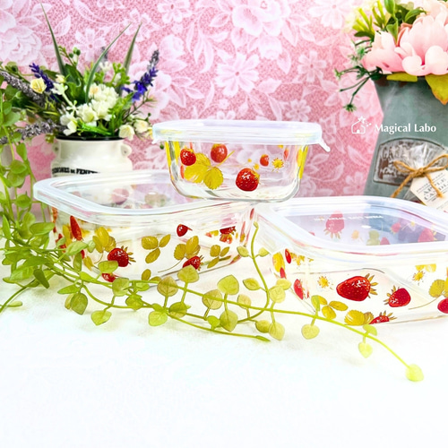 いちご柄の耐熱保存容器大中小3点セット☆耐熱ガラス 保存容器