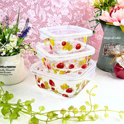いちご柄の耐熱保存容器大中小3点セット☆耐熱ガラス 保存容器
