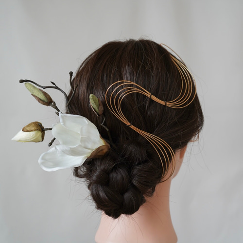 髪飾り ホワイト ゴールド 木蓮 水引 金箔 結婚式 前撮り 成人式 卒業