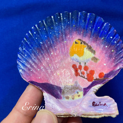 ちいさな貝の中の絵画①　星空に願いをする小鳥さんの原画 1枚目の画像