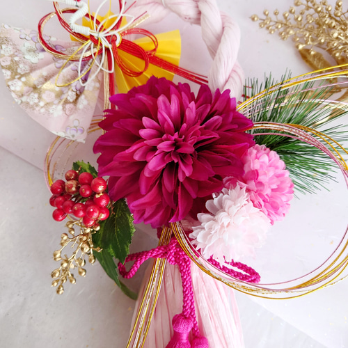 しめ縄リース　薄いピンク系ダリア Creema限定》☆2023特集掲載☆【仕掛品有】うすピンクベース 濃い