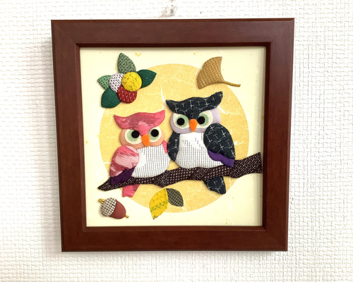 ふくろうフクロウ梟押花押し花切り絵アップリケ