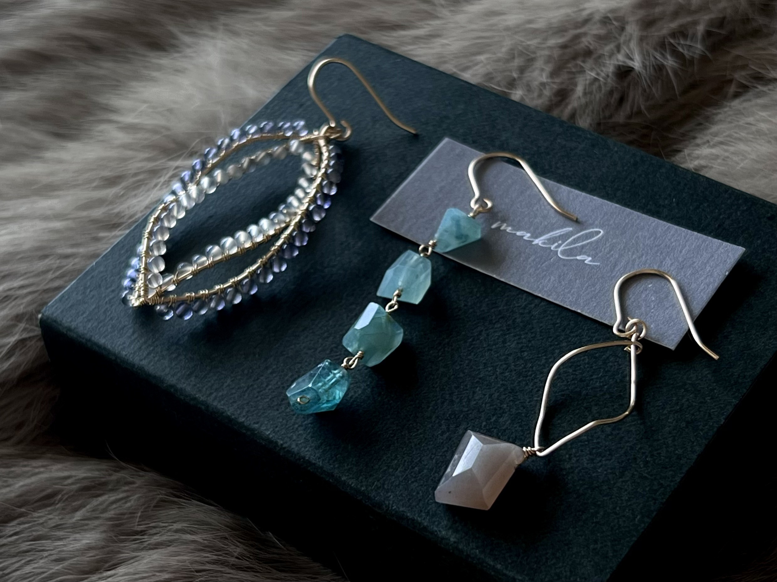 【再販】3WAYアシンメトリーピアス／イヤリング【グランディディエライト＆ムーンストーン＆アイオライト】