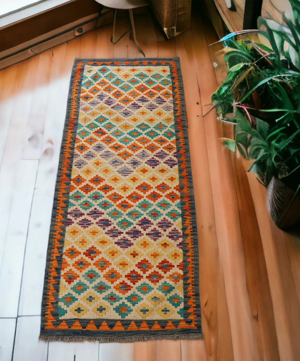 193×78㎝【アフガン手織りキリム　ランナー】廊下敷き 手織り絨毯 1枚目の画像