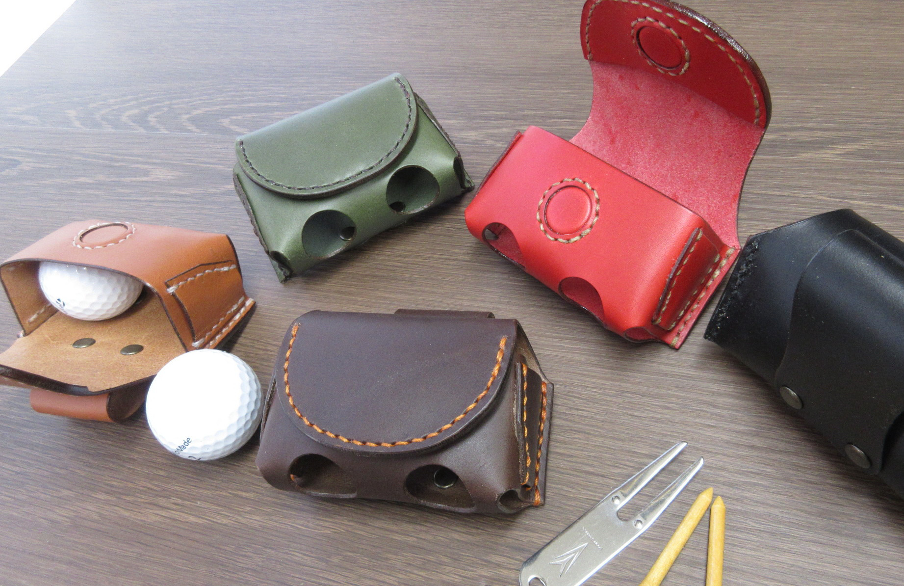 『イタリアンレザー使用』ゴルフボールケース　ティー　グリーンフォーク