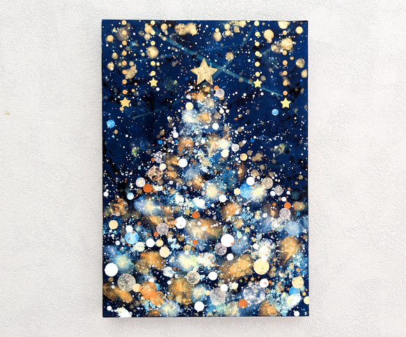 クリスマスツリー雪と星の夜P5号(アクリル原画) 絵画 加藤晶子