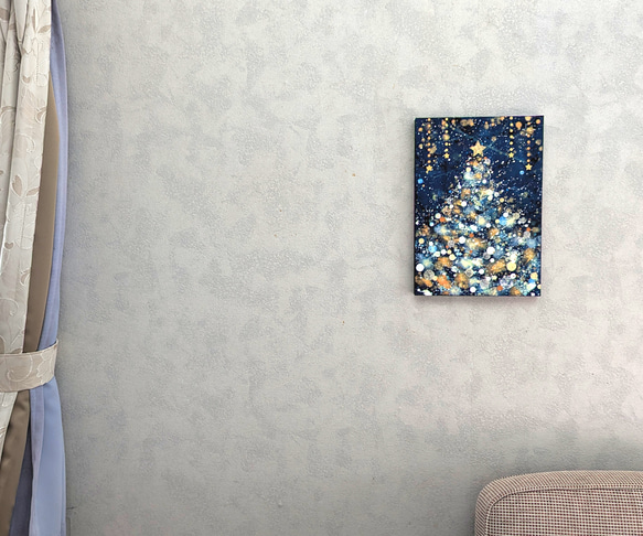 クリスマスツリー雪と星の夜P5号(アクリル原画) アート 絵画 アクリル絵具、油絵具 M1674723053(12750円)