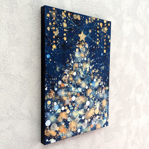 クリスマスツリー雪と星の夜P5号(アクリル原画) 絵画 加藤晶子