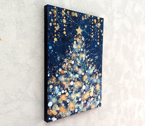 クリスマスツリー雪と星の夜P5号(アクリル原画) アート 絵画 アクリル絵具、油絵具 M1674723053(12750円)