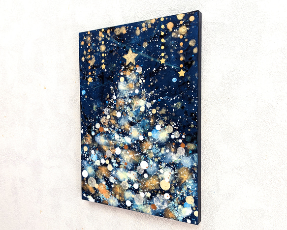 クリスマスツリー雪と星の夜P5号(アクリル原画) 2枚目の画像