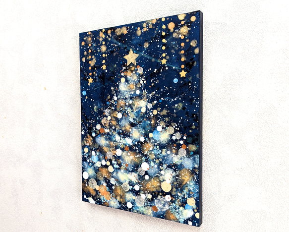 クリスマスツリー雪と星の夜P5号(アクリル原画) アート 絵画 アクリル絵具、油絵具 M1674723053(12750円)