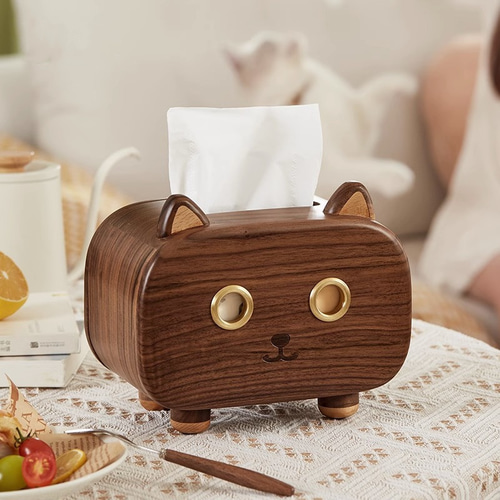 ウォルナット×ブナ無垢材 猫 木製ティッシュケース ティッシュ