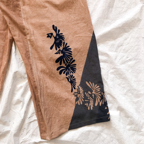 柿渋染め 手ぬぐいリメイク ワイドパンツ ゆったりズボン キュロット