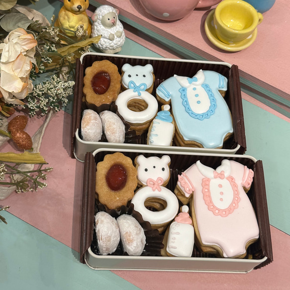 出産祝いや内祝、ジェンダーリビールに＊出産祝いアイシングクッキー缶 1枚目の画像