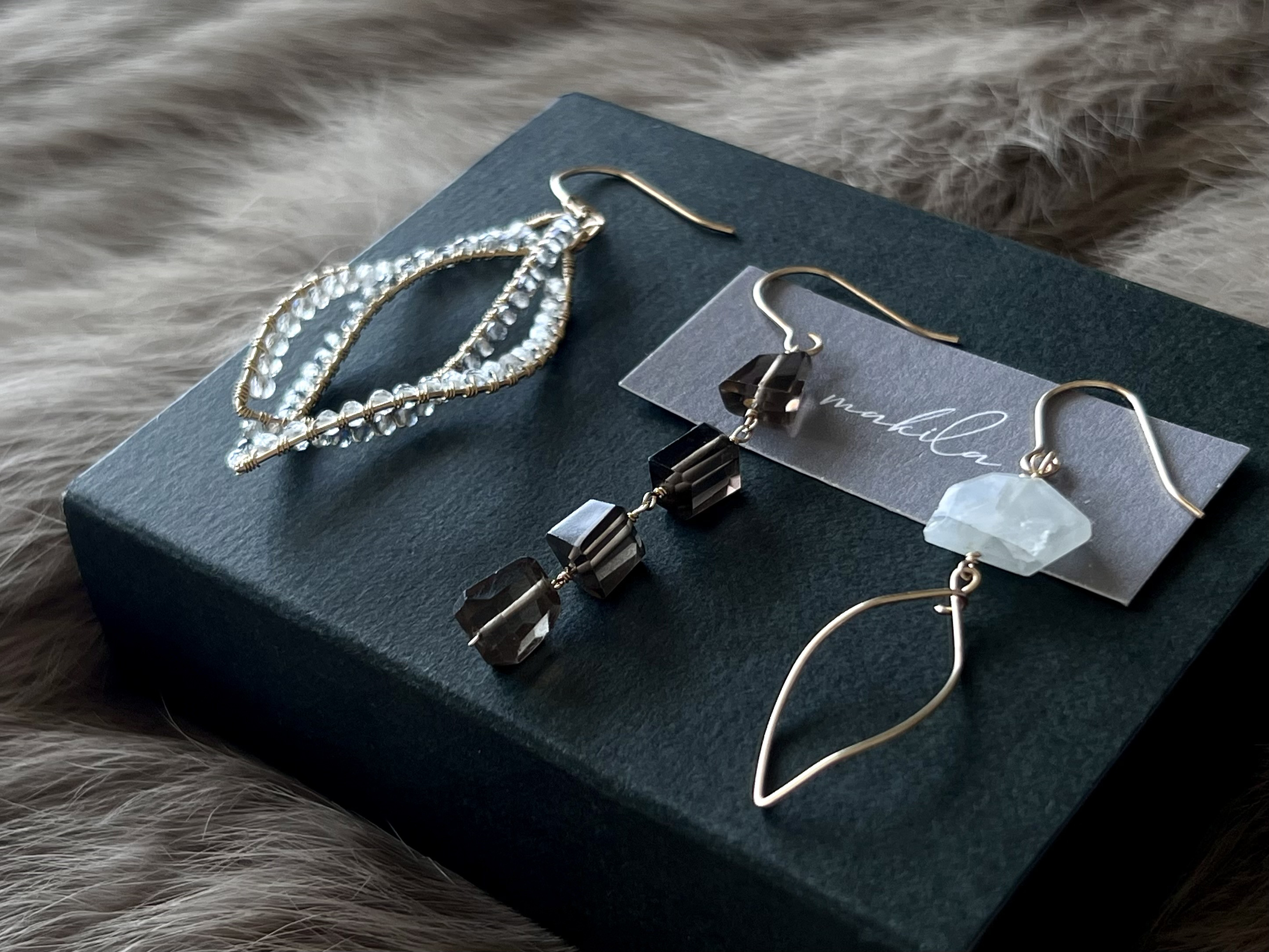 【受注製作】【再販】3WAYアシンメトリーピアス／イヤリング【スモーキークォーツ＆アクアマリン＆トパーズ】14kgf