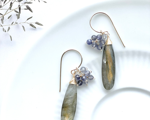 ピアス ラブラドライト アイオライト 14kgf 1点もの 天然石 ギフト