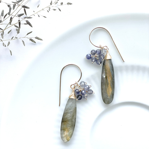 ピアス ラブラドライト アイオライト 14kgf 1点もの 天然石 ギフト