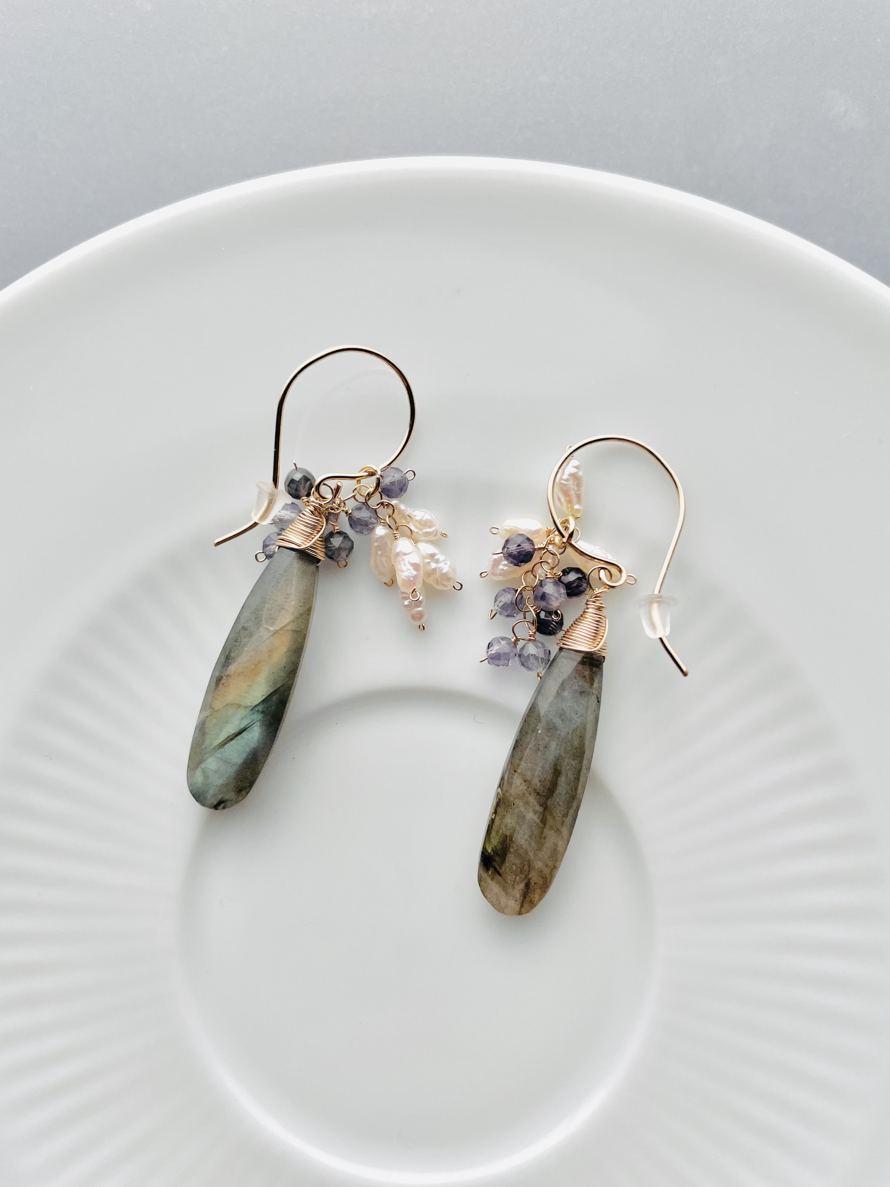 ピアス　ラブラドライト　アイオライト　淡水パール　14ｋｇｆ　1点もの　天然石　ギフト　バレンタインデー　ホワイトデー