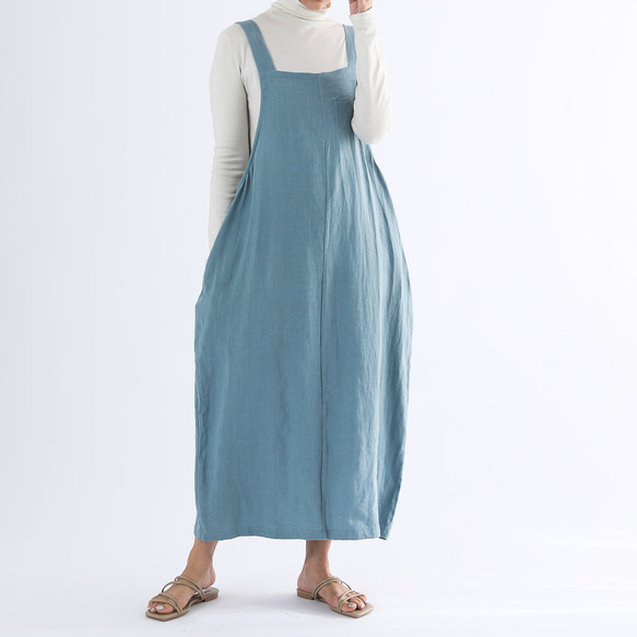 サイズオーダーok•リネン100％ジャンパースカート・ブルー ワンピース