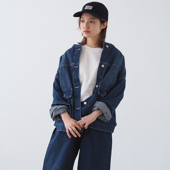 ドロップショルダー ノーカラーデニムジャケット CBC ブルー 3枚目の画像