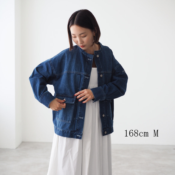 ドロップショルダー ノーカラーデニムジャケット CBC ブルー 12枚目の画像