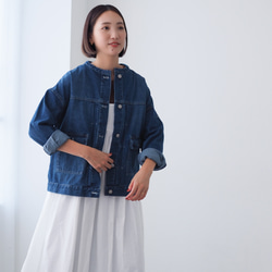 ドロップショルダー ノーカラーデニムジャケット CBC ブルー 1枚目の画像