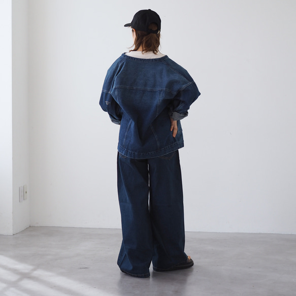 ドロップショルダー ノーカラーデニムジャケット CBC ブルー 7枚目の画像