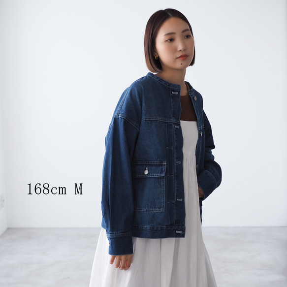 ドロップショルダー ノーカラーデニムジャケット CBC ブルー 2枚目の画像