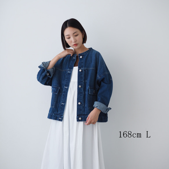 ドロップショルダー ノーカラーデニムジャケット CBC ブルー 20枚目の画像