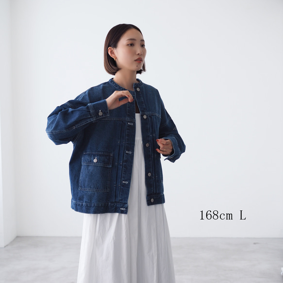 ドロップショルダー ノーカラーデニムジャケット CBC ブルー 15枚目の画像