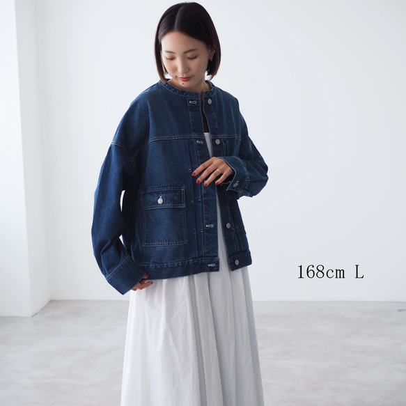 ドロップショルダー ノーカラーデニムジャケット CBC ブルー 17枚目の画像