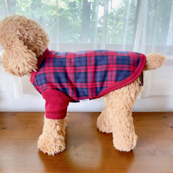 犬服　タータンチェックTシャツ　エンジ 7枚目の画像