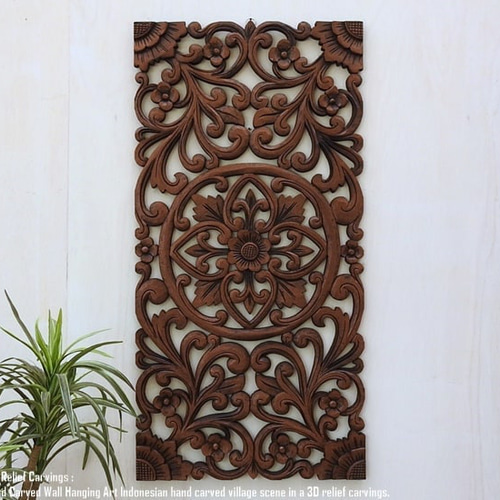 レリーフ 40cm×80cm CB ブラウン 長方形 アートパネル 木彫り フレーム