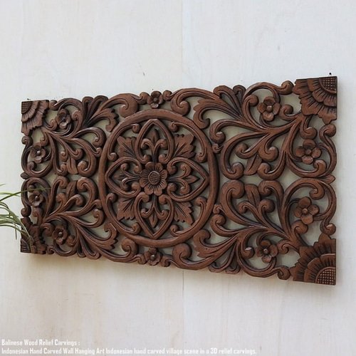 レリーフ 40cm×80cm CB ブラウン 長方形 アートパネル 木彫り フレーム