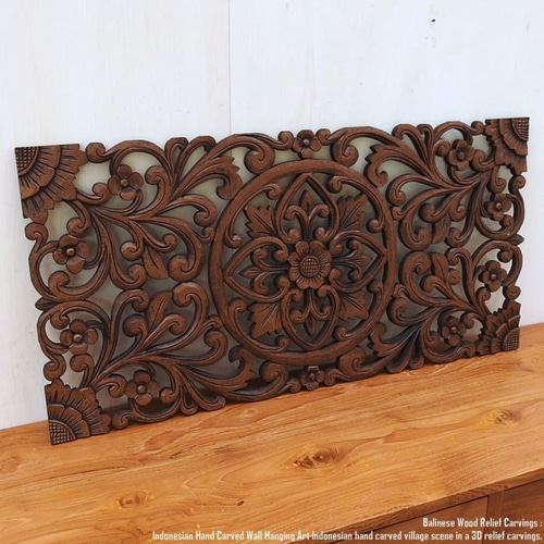 レリーフ 40cm×80cm CB ブラウン 長方形 アートパネル 木彫り フレーム