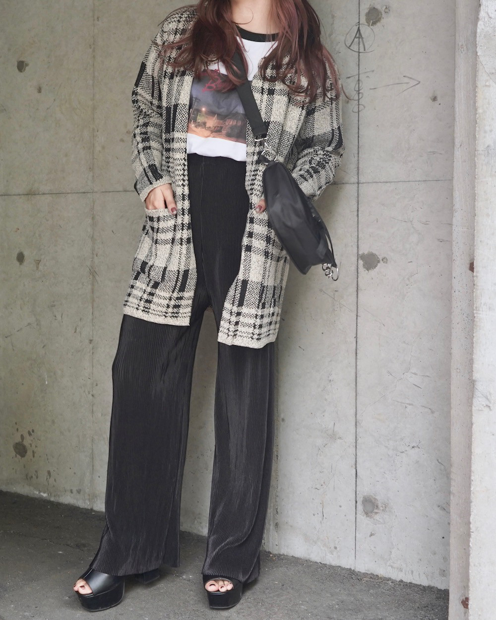 Check Knit Long Cardigan (light beige) ニットカーディガン ベージュ 薄茶