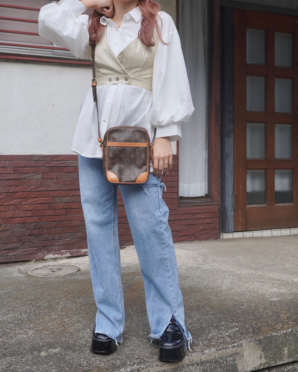 Balloon Sleeve Loose Fit Shirts (white) 長袖Ｔシャツ ホワイト 白 ガーリー