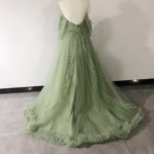 パーティードレス 姫袖 ベアトップ グリーン 花嫁 拳式 二次会 ソフト  