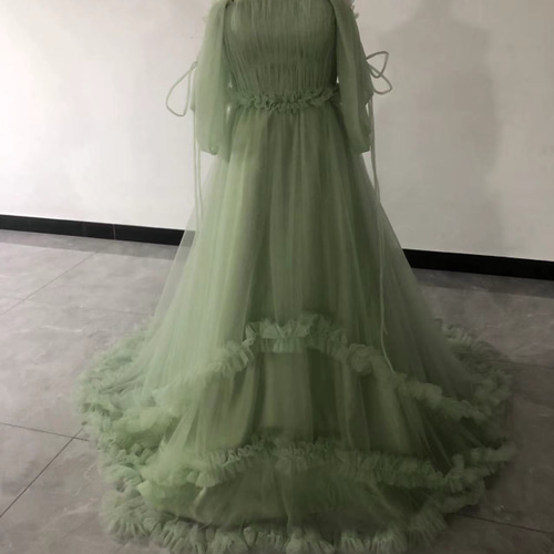 パーティードレス 姫袖 ベアトップ グリーン 花嫁 拳式 二次会 ソフト  