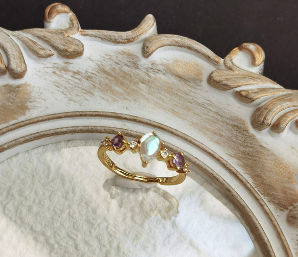 CZタンザナイト*ムーンストーン　ピンキーリング　爽やかな秋雰囲気　 2枚目の画像