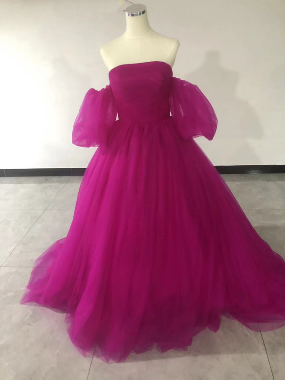 華やか 取り外し袖 エアリー感 ビビッドピンク ウェディングドレス  