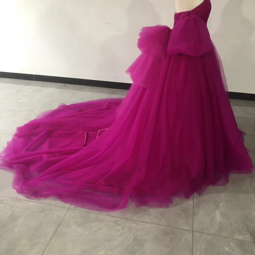 華やか 取り外し袖 エアリー感 ビビッドピンク ウェディングドレス  