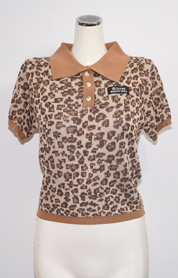 Leopard Knit Polo-Tops (beige) ニットトップス ブラウン 茶色　 レトロ 6枚目の画像