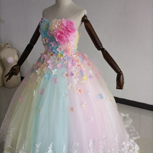 カラードレス レインボースカート 3D立体レース刺繍 花びら付き 花嫁  