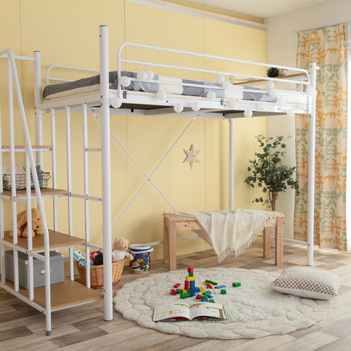 訳あり。ホワイト ロフトベッド階段　シングル シングル】 階段付きロフトベッド 【WRK125001】 その他家具