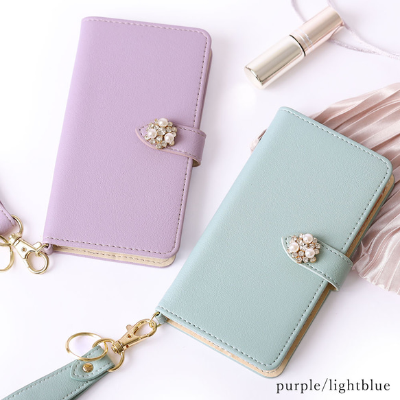 SALE！／ ストラップ スマホケース手帳型 パール 全機種対応