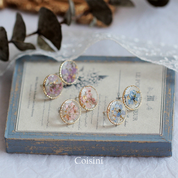 ドライフラワーピアス レジンピアス クリアピアス 勿忘草