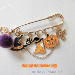 ＊送料無料＊チャリティー★Happy Halloween☆彡 黒帽子ネコちゃん♪フェイクファーぽんぽん付きブローチピン 1枚目の画像