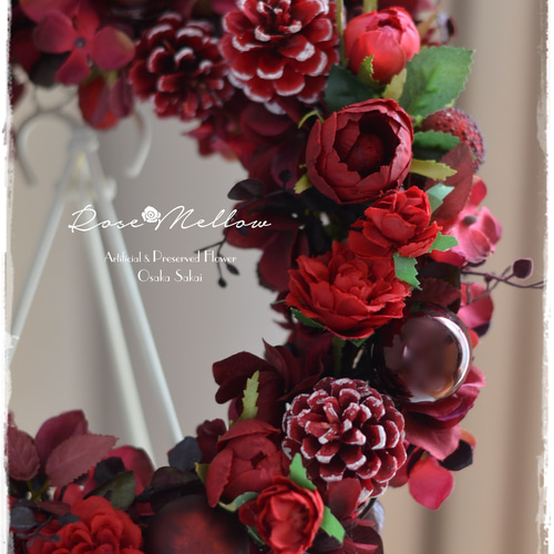 早割価格】【アート】赤いバラとワインレッドの紫陽花の大人可愛い